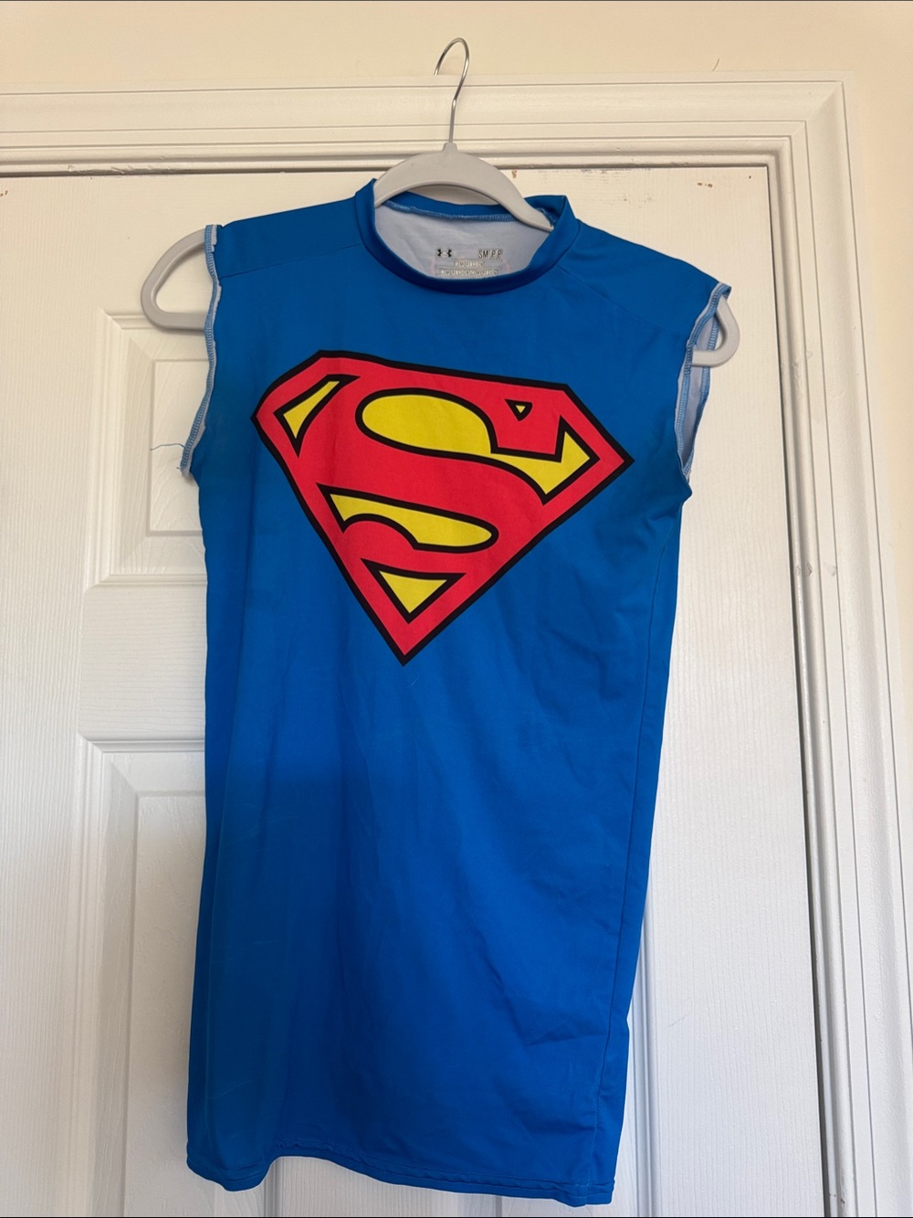 Under Armour Blue Sleeveless Superhero Shirt with Red & Yellow Logo